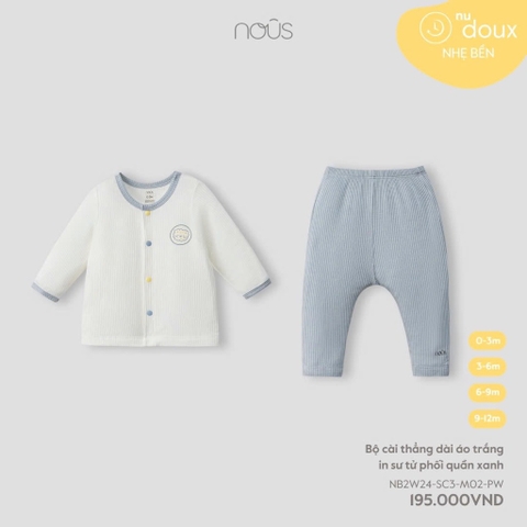 NOUS - Bộ cài thẳng dài áo trắng in sư tử phối quần xanh 3M - SS24.T8A