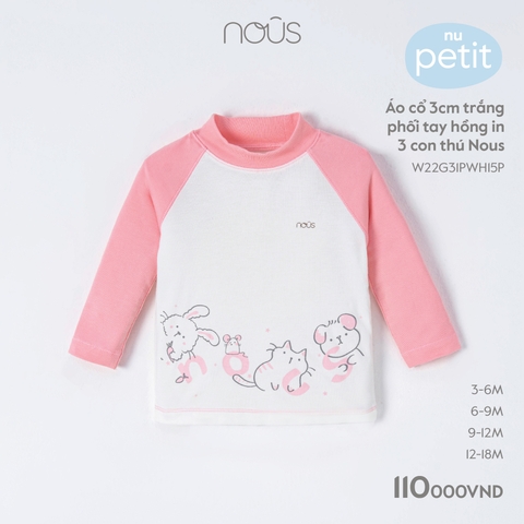 NOUS - Áo cổ 3cm trắng phối tay hồng in 3 con thú Nous - Nu Petit - 9M - SS23.10 - ZTD