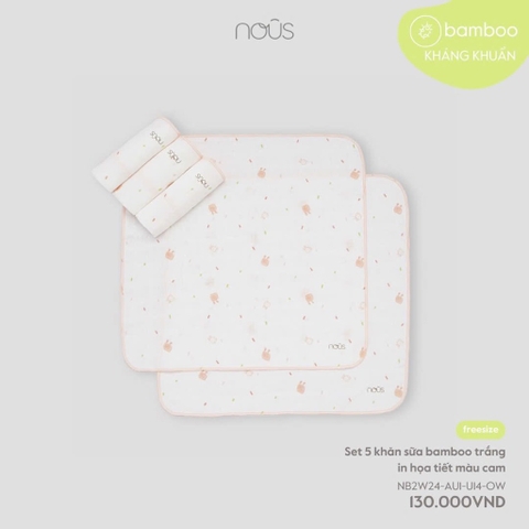 NOUS - Set 5 khăn sữa bamboo trắng in họa tiết màu cam - SS24.T11A