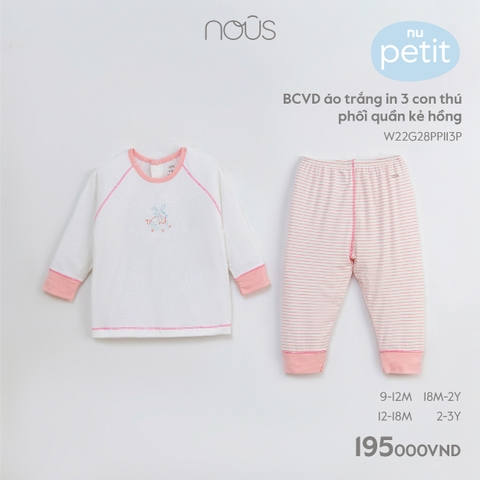 NOUS - BCVD áo trắng in 3 con thú phối quần kẻ hồng - Nu Petit - 9M