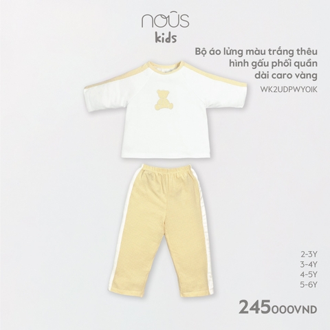 NOUS - Bộ áo lửng màu trắng thêu hình gấu phối quần dài caro vàng 4Y - Kids