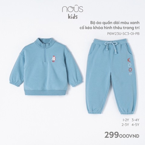 NOUS:-:Bộ:áo:quần:dài:màu:xanh:cổ:kéo:khóa:hình:thêu:trang:trí:-:3-4Y:-