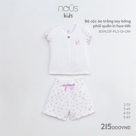 NOUS - Bộ cộc áo trắng tay bồng phối quần in họa tiết - Kids - 2Y - Kids