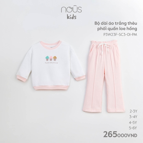 NOUS - Bộ dài áo trắng thêu phối quần loe hồng - Kids - 2Y - Kids - ZTD