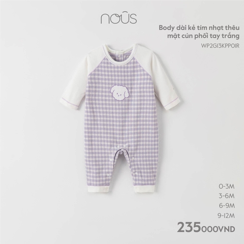 NOUS - Body dài kẻ tím nhạt thêu mặt cún phối tay trắng - | cún phối tay trắng - 0-3M