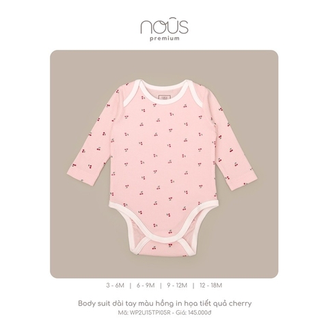 NOUS - Body suit dài tay màu hồng in họa tiết quả cherry - Premium - 12M