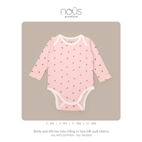 NOUS - Body suit dài tay màu hồng in họa tiết quả cherry - Premium - 12M