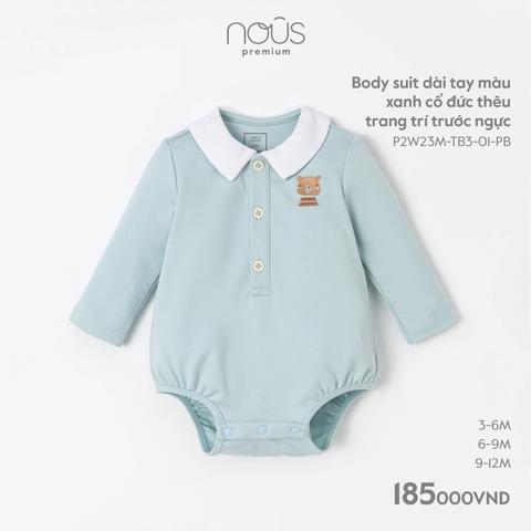 NOUS - Body suit dài tay màu xanh cổ đức thêu trang trí trước ngực  - Nu Pre - 3M - SS23.9