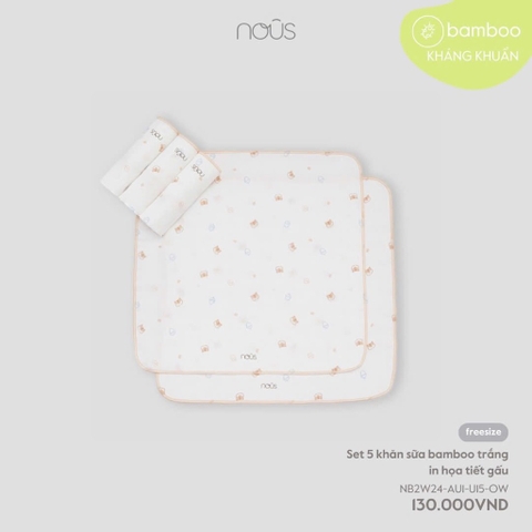 NOUS - Set 5 khăn sữa bamboo trắng in họa tiết gấu - SS24.T11A