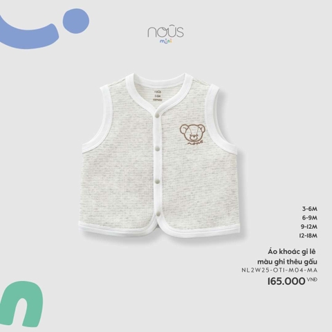 NOUS NP - Áo khoác gi lê màu ghi thêu gấu - 12-18M - SS26.T5C