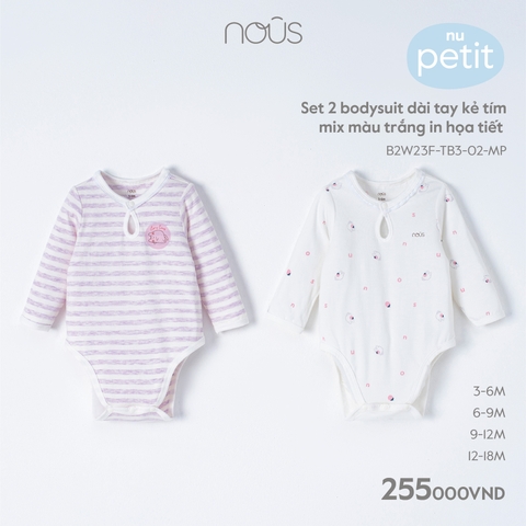 NOUS - Set 2 body dài tay kẻ tím mix màu trắng in họa tiết  - Nu Petit - 9M - SS23.10