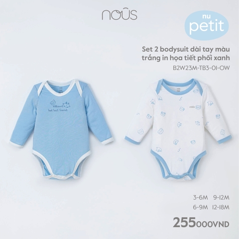 NOUS:-:Set:2:Body:chip:dài:tay:màu:trắng:in:họa:tiết:phối:xanh:-:6-9M:-: