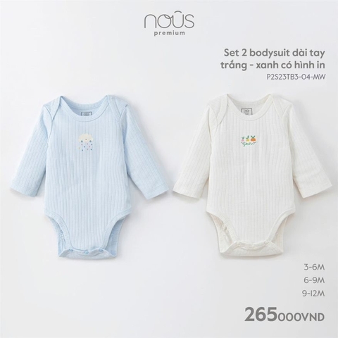 NOUS - Set 2 body dài tay trắng - xanh có hình in - Nu Pre