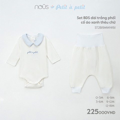 NOUS - Set BDS dài trắng phối cổ áo xanh thêu chữ - Nu Petit - 3M