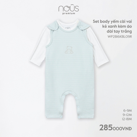 NOUS S30 - Set body yếm cài vai kẻ xanh kèm áo dài tay trắng - 9-12M - SS25.NP