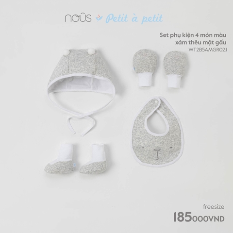 NOUS - Set phụ kiện 4 món màu xám thêu mặt gấu - Nu Petit - M