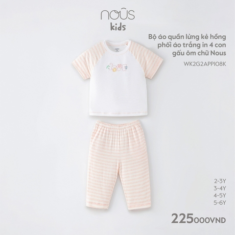 NOUS - Bộ áo quần lửng kẻ hồng phối áo trắng in 4 con gấu ôm chữ Nous