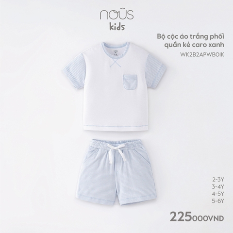 NOUS - Bộ cộc áo trắng phối quần kẻ caro xanh