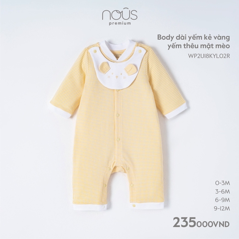 NOUS - Body dài yếm kẻ vàng yếm thêu mặt mèo - Nu Pre - 3M