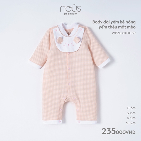 NOUS - Body dài yếm kẻ hồng yếm thêu mặt mèo - Nu Pre - 3M