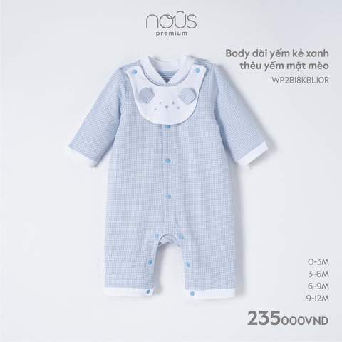 NOUS - Body dài yếm kẻ xanh thêu yếm mặt mèo