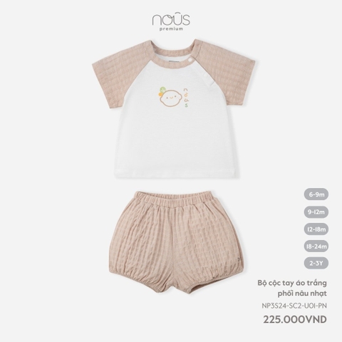 NOUS - Bộ cộc tay áo trắng phối nâu nhạt  - Nu Pre - 6M - SS24.T3A