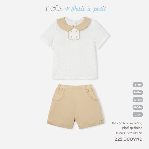 NOUS:-:Bộ:cộc:tay:áo:trắng:phối:quần:be:-:18-24M:-:SS24.T3A