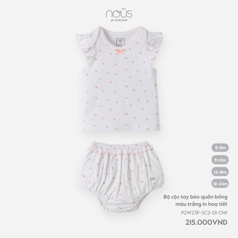 NOUS - Bộ cộc tay bèo quần bồng màu trắng in họa tiết  - Nu Pre - 6M - SS24.T3A