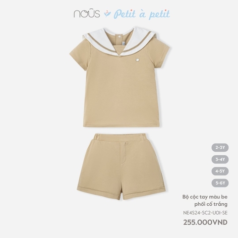 NOUS:-:Bộ:cộc:tay:màu:be:phối:cổ:trắng:-:2-3Y:-:SS24.T3A