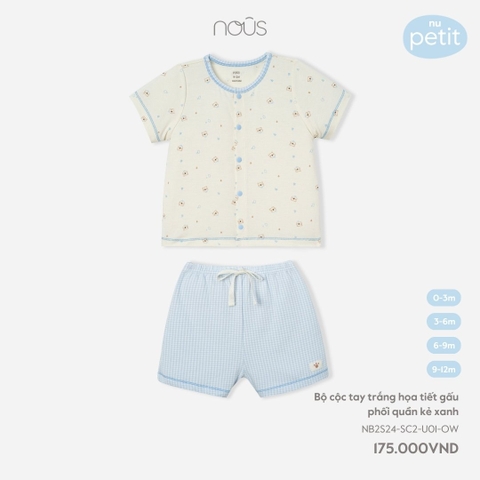 NOUS - Bộ cộc tay trắng họa tiết gấu phối quần kẻ xanh - Nu Petit - 3M - SS24.T4A