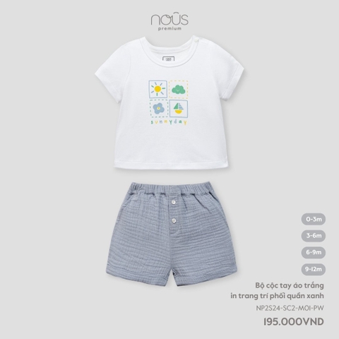 NOUS - Bộ cộc tay áo trắng in trang trí phối quần xanh 3M - SS24.T4A