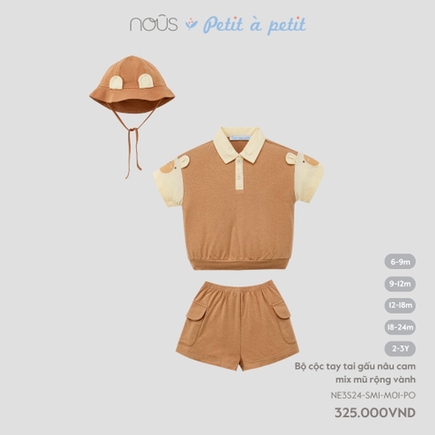 NOUS:-:Bộ:cộc:tay:tai:gấu:nâu:cam:mix:mũ:rộng:vành:-:12-18M:-:SS24.T5A