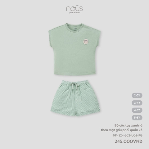 NOUS - Bộ cộc tay xanh lá thêu mặt gấu phối quần kẻ -  - 3Y - SS24.T5A