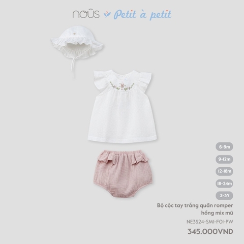 NOUS - Bộ cộc tay trắng quần romper hồng mix mũ -  - 6M - SS24.T5A