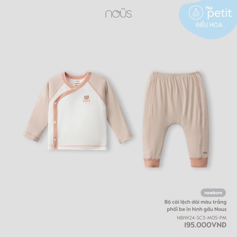 NOUS - Bộ cài lệch dài màu trắng phối be in hình gấu Nous - NB - SS24.T7B