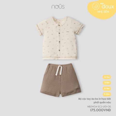 NOUS - Bộ cộc tay áo be in họa tiết phối quần nâu - 0M - SS24.T7B