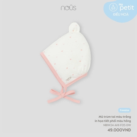 NOUS - Mũ trùm tai màu trắng in họa tiết phối màu hồng - Nu Petit - FS - SS24.T10A