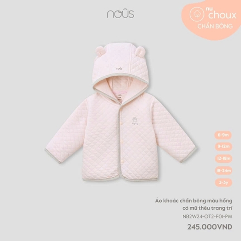 NOUS:-:Áo:khoác:chần:bông:màu:hồng:có:mũ:thêu:trang:trí:-:2-3Y:-:SS24.T10A