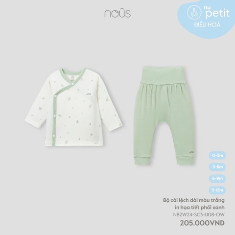 NOUS - Bộ cài lệch dài màu trắng in họa tiết phối xanh - Nu Petit - 3M - SS24.T10B