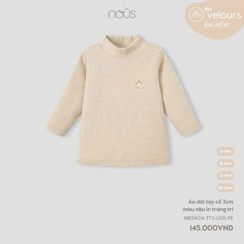 NOUS - Áo dài tay cổ 3cm màu nâu in trang trí - Nu Velours - 9M - SS24.T10A
