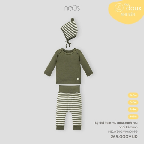 NOUS S10 - Bộ dài kèm mũ màu xanh rêu phối kẻ xanh - 0-3M - SS24.T10A