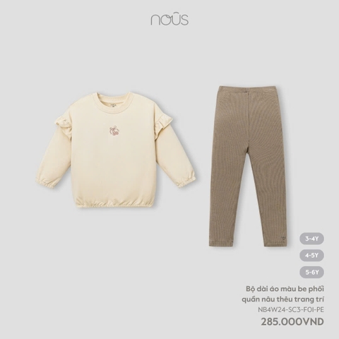 NOUS:-:Bộ:dài:áo:màu:be:phối:quần:nâu:thêu:trang:trí:-:5-6Y:-:SS24.T10A