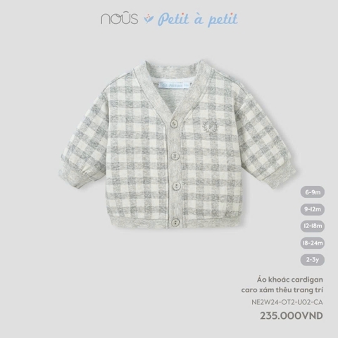 NOUS - Áo khoác cardigan caro xám thêu trang trí - Nu Velours - 12M - SS24.T10A