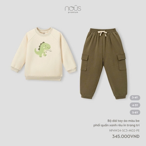 NOUS:-:Bộ:dài:tay:áo:màu:be:phối:quần:xanh:rêu:in:trang:trí:-:3-4Y:-:SS24.T10B
