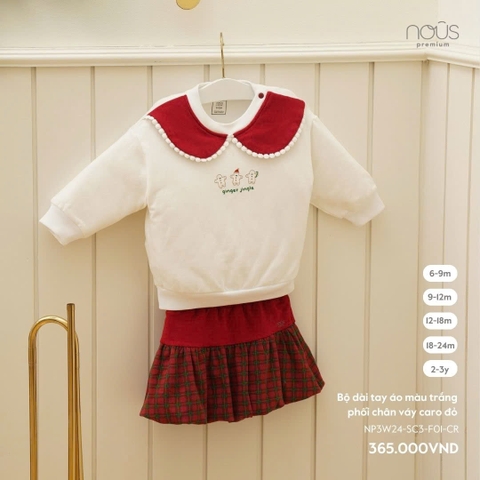 NOUS:-:Bộ:dài:tay:áo:màu:trắng:phối:chân:váy:caro:đỏ:-:9-12M:-:SS24.XMAS