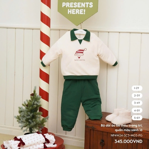 NOUS - Bộ dài áo be thêu trang trí, quần màu xanh lá - Nu Velours - 1Y - SS24.XMAS