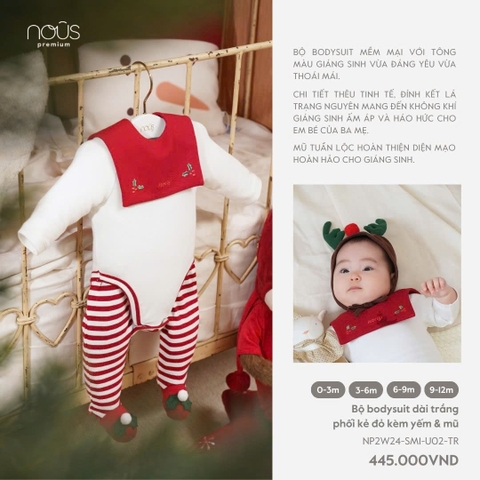 NOUS - Bộ body dài trắng phối kẻ đỏ kèm yếm & mũ - Nu Velours - 3M - SS24.XMAS