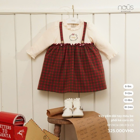 NOUS - Váy yếm dài tay màu be phối kẻ caro đỏ - Nu Velours - 6M - SS24.XMAS