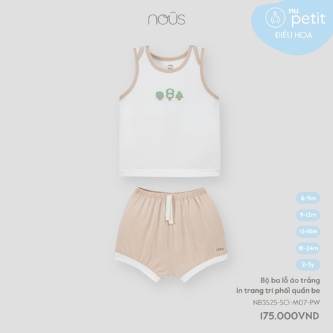 NOUS S10 - Bộ ba lỗ áo trắng in trang trí phối quần be - 9-12M - SS25.T2A