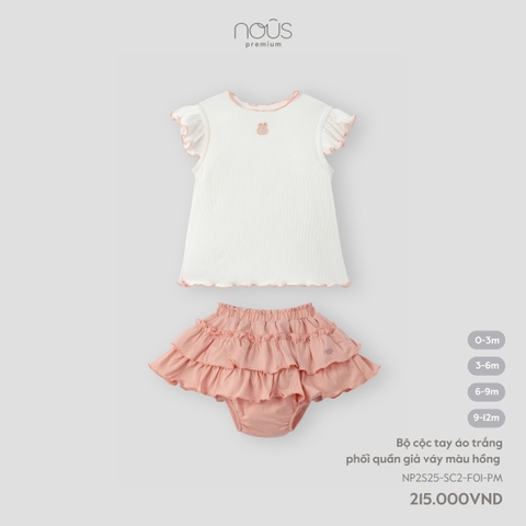NOUS - Bộ cộc tay áo trắng phối quần giả váy màu hồng - Nu Doux - SS25.T2A
